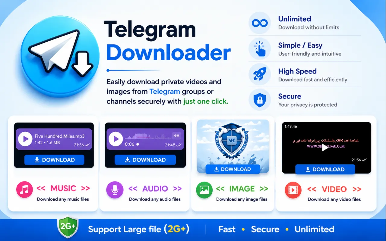 Telegram Downloader media formats: music, audio, image, and video